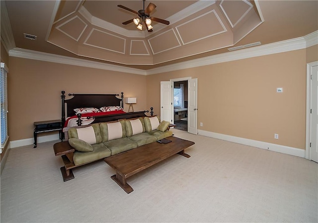 bedroom featuring visible vents, crown molding, light carpet, and baseboards