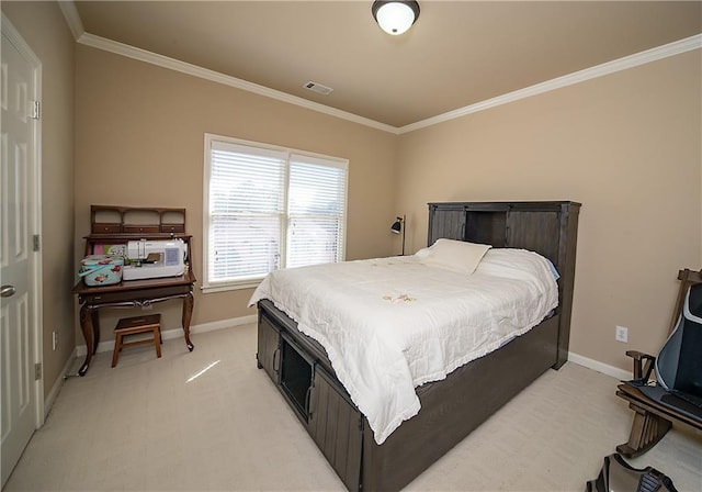 bedroom featuring light carpet, baseboards, visible vents, and ornamental molding