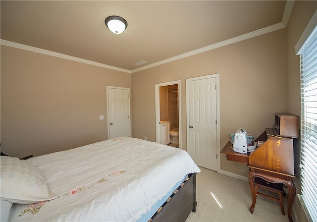 bedroom with light carpet, ensuite bathroom, visible vents, and crown molding