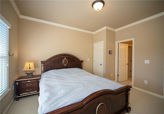 bedroom with ornamental molding, light colored carpet, and baseboards