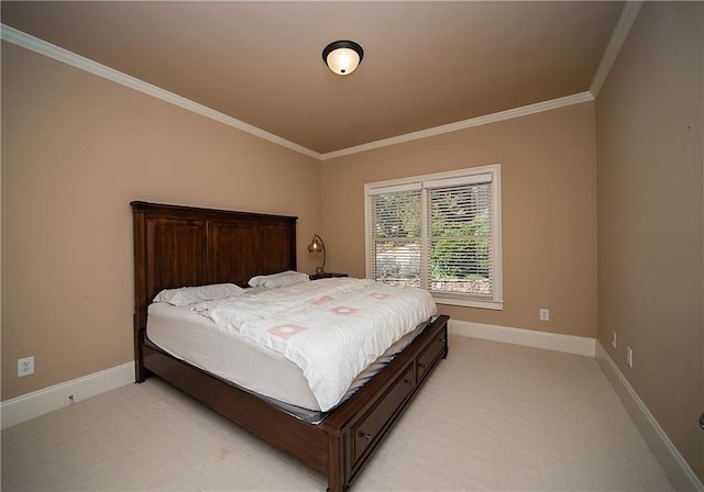 bedroom with light carpet, baseboards, and crown molding