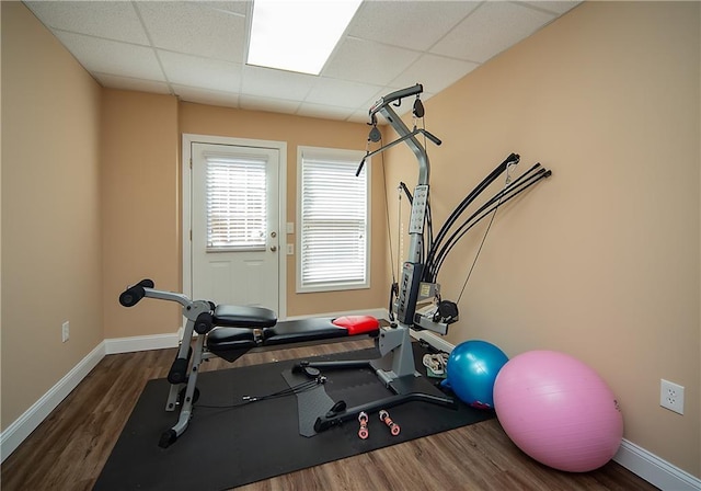 exercise room featuring a paneled ceiling, baseboards, and dark wood finished floors