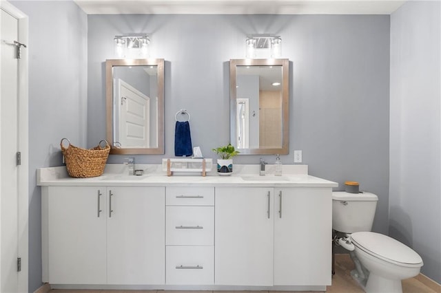 bathroom with toilet, double vanity, and a sink