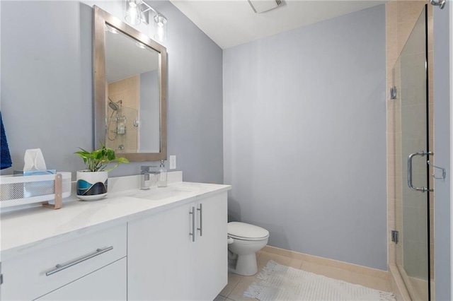 full bath featuring vanity, a stall shower, tile patterned flooring, and toilet