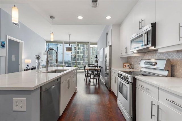 kitchen with floor to ceiling windows, stainless steel appliances, visible vents, backsplash, and a sink