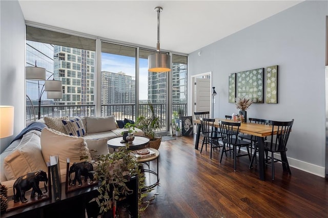 dining room with expansive windows, a view of city, wood finished floors, and baseboards