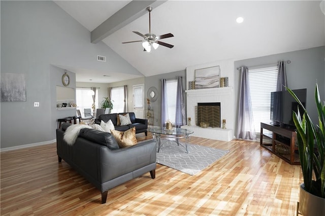 living room with high vaulted ceiling, beamed ceiling, wood-type flooring, ceiling fan, and a brick fireplace