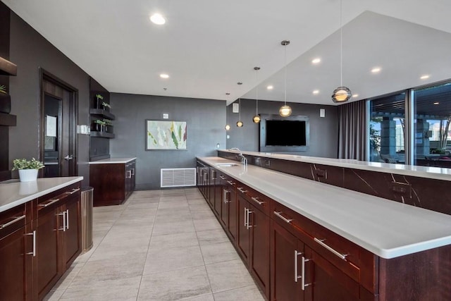 855 Peachtree St NE Unit 2706, Atlanta, GA 30308 - bar featuring pendant lighting, light tile patterned floors, visible vents, recessed lighting, and a sink