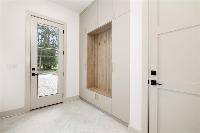 mudroom featuring light parquet floors