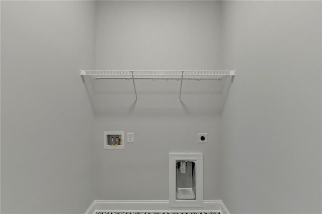 laundry area with electric dryer hookup, hookup for a washing machine, laundry area, and baseboards