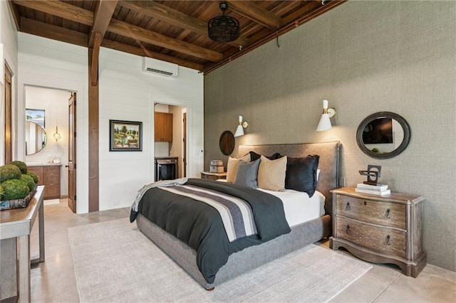 150 Trinity Farm Dr, Canton, GA 30115 - bedroom with a wall unit AC, a wood ceiling with exposed beams, concrete floors, a high ceiling, and ensuite bath