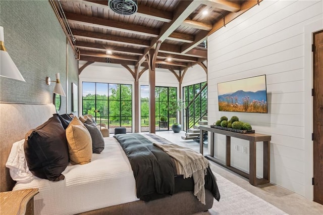 150 Trinity Farm Dr, Canton, GA 30115 - bedroom with a wooden ceiling with exposed beams and wood walls