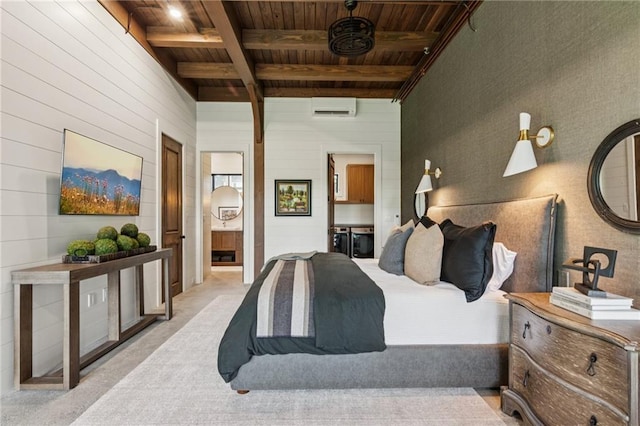 150 Trinity Farm Dr, Canton, GA 30115 - bedroom with a wood ceiling with exposed beams, a wall mounted AC, wooden walls, and light carpet
