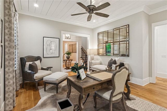 150 Trinity Farm Dr, Canton, GA 30115 - sitting room featuring ornamental molding, light wood-type flooring, a ceiling fan, stairs, and wood ceiling