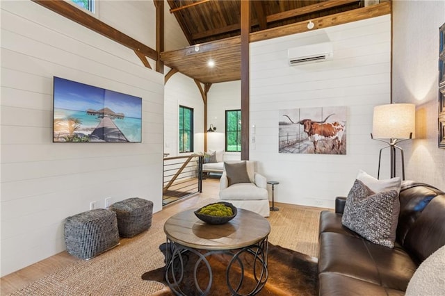 150 Trinity Farm Dr, Canton, GA 30115 - living room featuring wood finished floors, an AC wall unit, wooden walls, and wooden ceiling