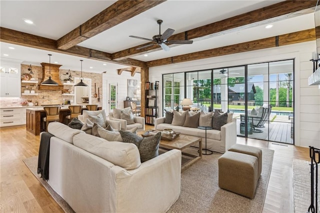 150 Trinity Farm Dr, Canton, GA 30115 - living room featuring light wood-type flooring, a ceiling fan, healthy amount of natural light, beamed ceiling, and recessed lighting