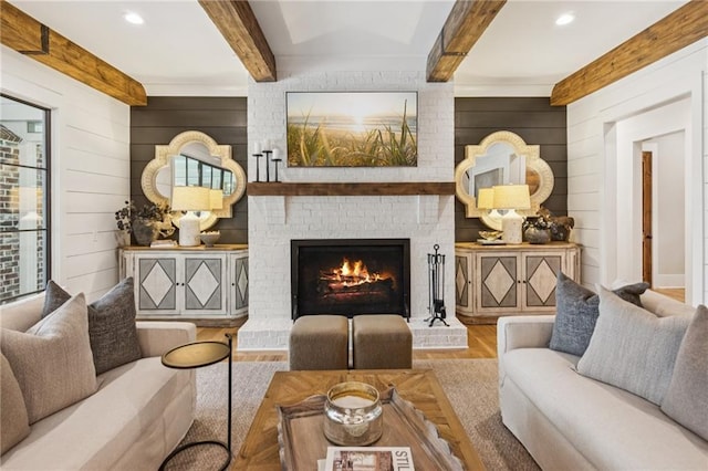 150 Trinity Farm Dr, Canton, GA 30115 - living area with wood finished floors, beam ceiling, a brick fireplace, recessed lighting, and wood walls