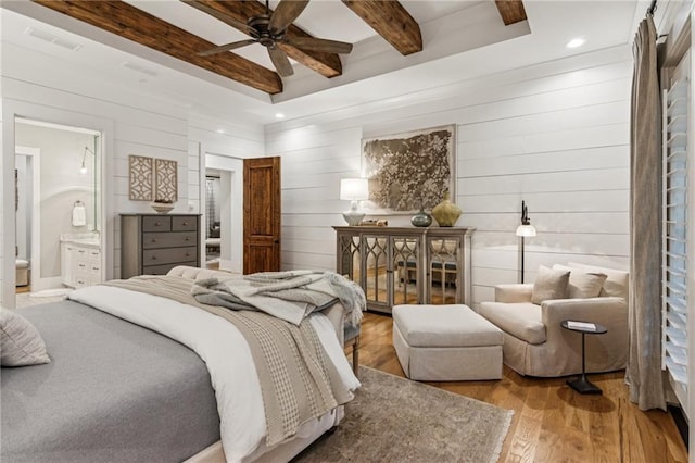 150 Trinity Farm Dr, Canton, GA 30115 - bedroom featuring wood finished floors, beamed ceiling, recessed lighting, wood walls, and ensuite bath