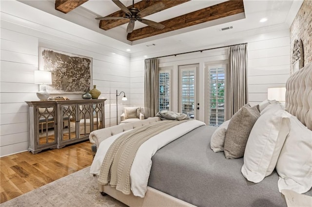 150 Trinity Farm Dr, Canton, GA 30115 - bedroom featuring wood finished floors, access to outside, recessed lighting, wood walls, and beamed ceiling