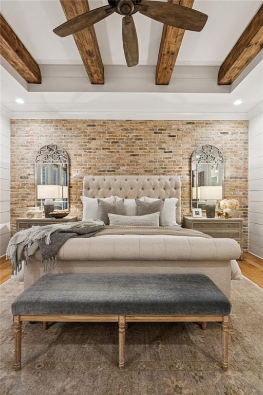 150 Trinity Farm Dr, Canton, GA 30115 - bedroom featuring brick wall, wood finished floors, beamed ceiling, and a ceiling fan
