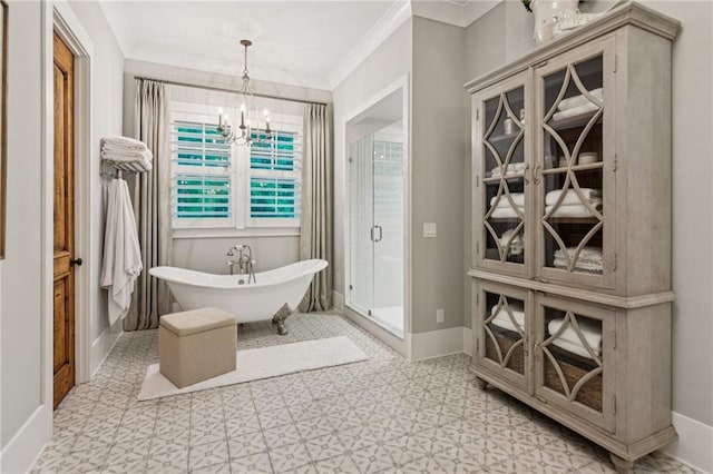 150 Trinity Farm Dr, Canton, GA 30115 - bathroom featuring a freestanding bath, tile patterned floors, a chandelier, a shower stall, and crown molding