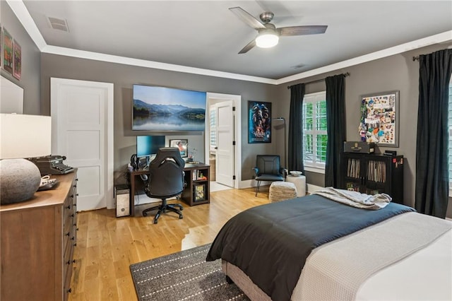 150 Trinity Farm Dr, Canton, GA 30115 - bedroom with an office area, light wood-style flooring, crown molding, and ceiling fan