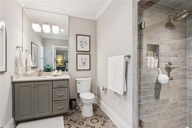 150 Trinity Farm Dr, Canton, GA 30115 - bathroom with vanity, a stall shower, tile patterned floors, and ornamental molding
