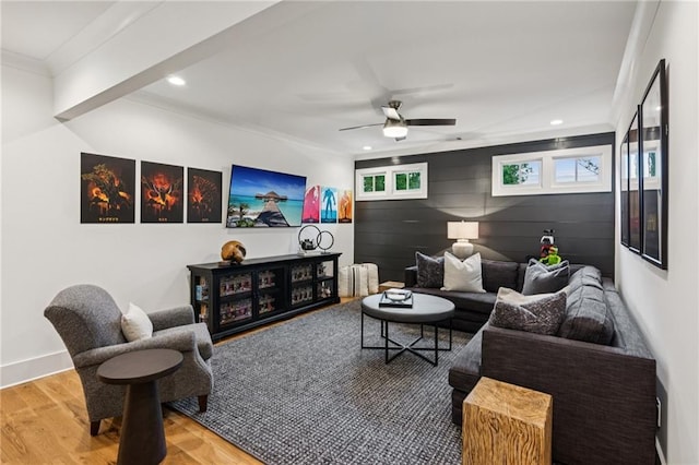 150 Trinity Farm Dr, Canton, GA 30115 - living area with crown molding, recessed lighting, wood finished floors, a ceiling fan, and an accent wall