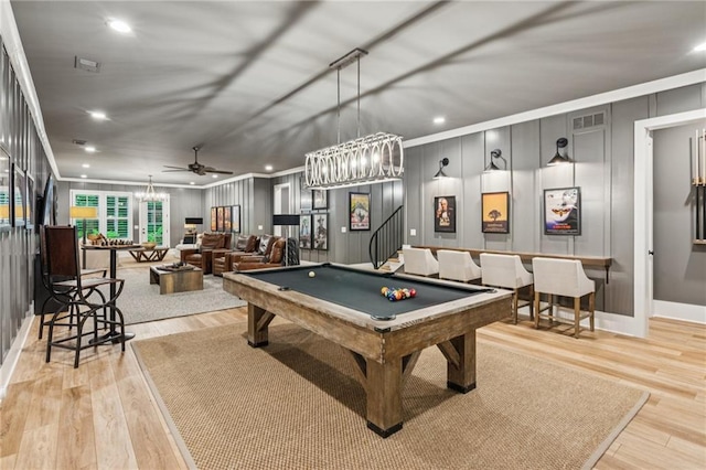 150 Trinity Farm Dr, Canton, GA 30115 - recreation room featuring a decorative wall, pool table, light wood finished floors, a ceiling fan, and ornamental molding