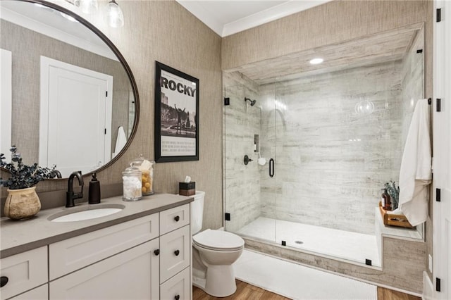 150 Trinity Farm Dr, Canton, GA 30115 - full bathroom featuring a shower stall, vanity, wood finished floors, and wallpapered walls