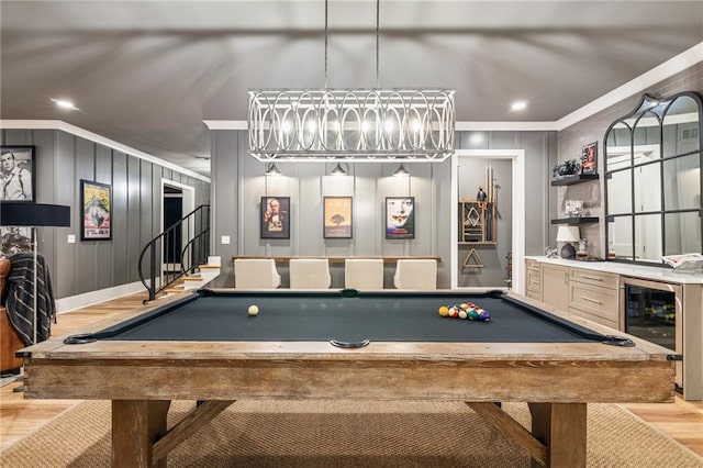 150 Trinity Farm Dr, Canton, GA 30115 - playroom with beverage cooler, ornamental molding, billiards, wood finished floors, and recessed lighting