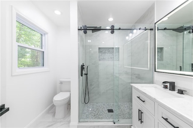 5961 John St, Austell, GA 30106 - bathroom featuring vanity, a marble finish shower, marble look tiles, and recessed lighting