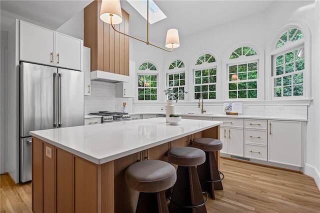 1017 Mill Creek Mnr NE, Brookhaven, GA 30319 - kitchen featuring stainless steel appliances, a skylight, backsplash, light wood-style floors, and light countertops