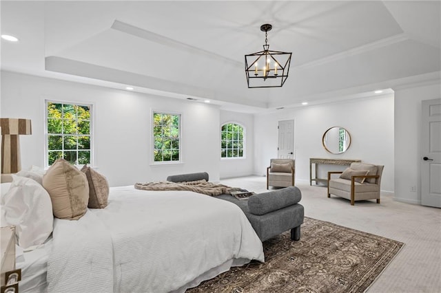1017 Mill Creek Mnr NE, Brookhaven, GA 30319 - carpeted bedroom featuring a tray ceiling, a chandelier, and recessed lighting
