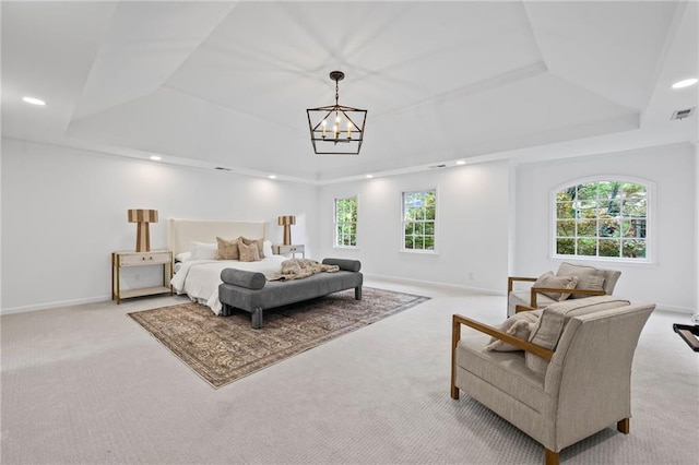 1017 Mill Creek Mnr NE, Brookhaven, GA 30319 - bedroom featuring a tray ceiling, carpet floors, multiple windows, a chandelier, and recessed lighting