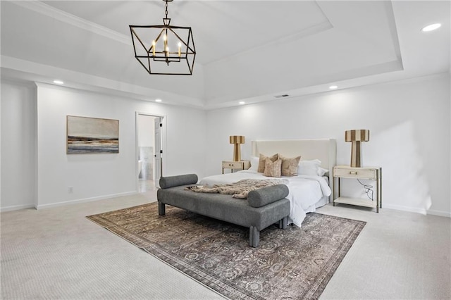 1017 Mill Creek Mnr NE, Brookhaven, GA 30319 - carpeted bedroom featuring recessed lighting, a chandelier, ornamental molding, and a raised ceiling
