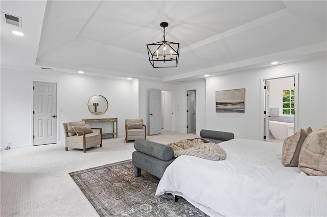 1017 Mill Creek Mnr NE, Brookhaven, GA 30319 - carpeted bedroom with a raised ceiling, a chandelier, recessed lighting, and crown molding