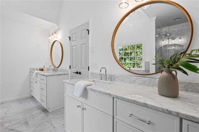 1017 Mill Creek Mnr NE, Brookhaven, GA 30319 - full bathroom with two vanities, marble finish flooring, ornamental molding, and an enclosed shower