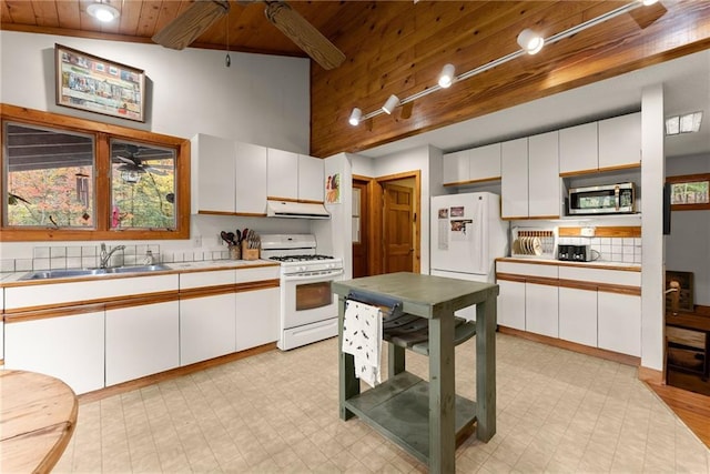 kitchen with sink, wood ceiling, white appliances, high vaulted ceiling, and white cabinets