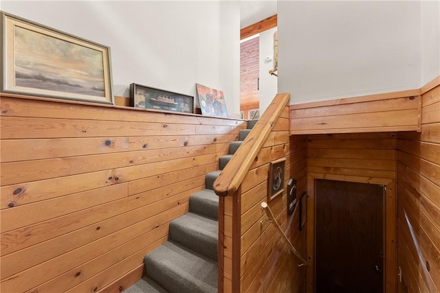 stairway with wooden walls