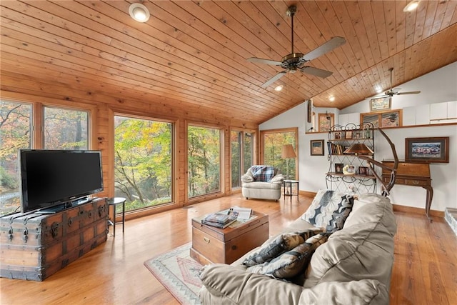 living room featuring high vaulted ceiling, light hardwood / wood-style flooring, and wooden ceiling