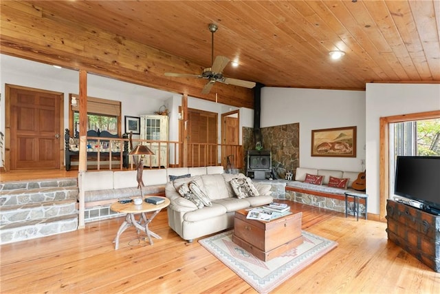 living room with lofted ceiling, a wood stove, and wooden ceiling