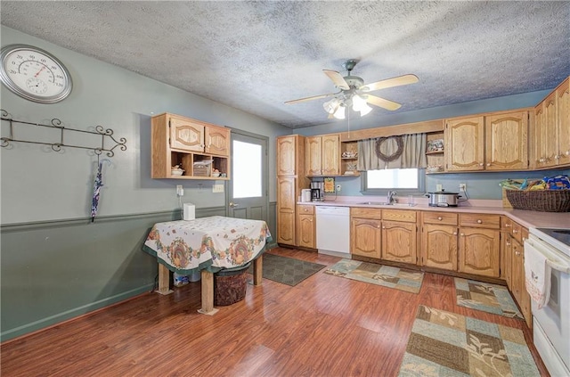90 Wiley Dr, Douglasville, GA 30134 - kitchen with open shelves, white appliances, wood finished floors, ceiling fan, and a textured ceiling