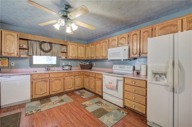 90 Wiley Dr, Douglasville, GA 30134 - kitchen with white appliances, a sink, open shelves, light wood-type flooring, and a textured ceiling