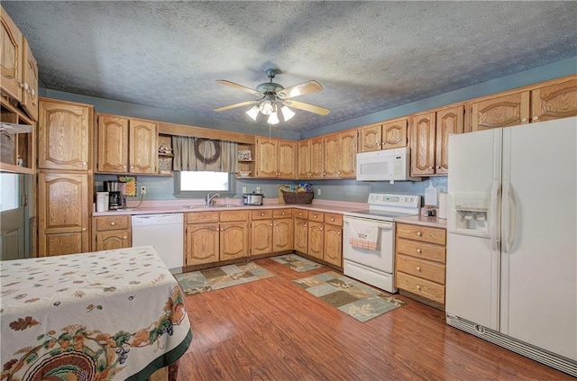 90 Wiley Dr, Douglasville, GA 30134 - kitchen featuring white appliances, open shelves, light wood finished floors, ceiling fan, and light countertops
