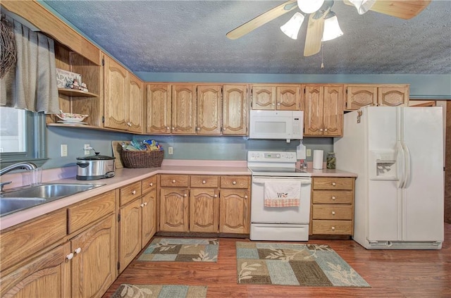 90 Wiley Dr, Douglasville, GA 30134 - kitchen with white appliances, dark wood finished floors, ceiling fan, a textured ceiling, and open shelves