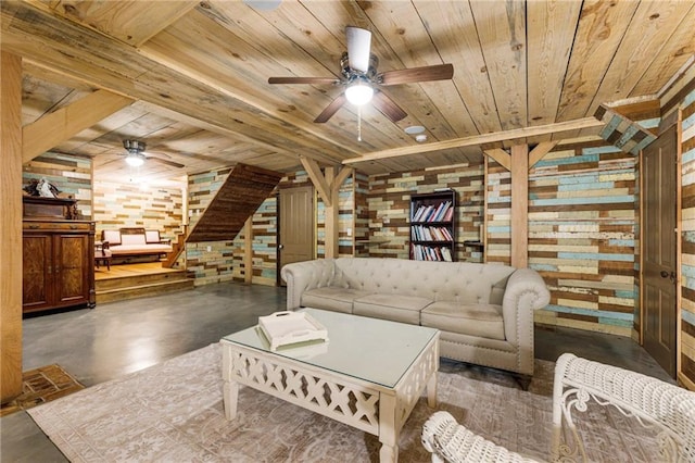 527 Main St, Suwanee, GA 30024 - living area featuring wood ceiling, a ceiling fan, and concrete flooring