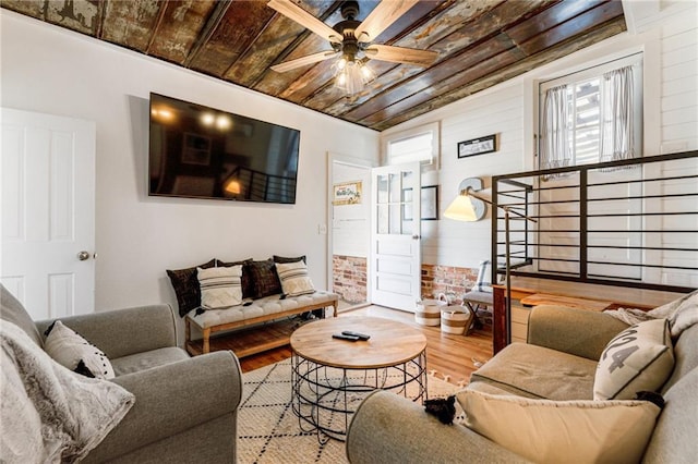 527 Main St, Suwanee, GA 30024 - living area featuring wood finished floors, ceiling fan, and wood ceiling