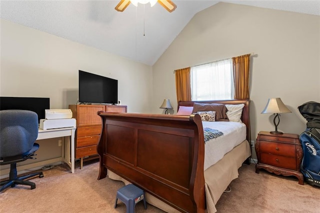 bedroom featuring ceiling fan, light colored carpet, and vaulted ceiling