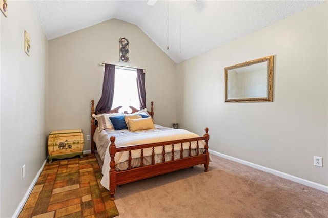 bedroom with lofted ceiling, carpet, and ceiling fan